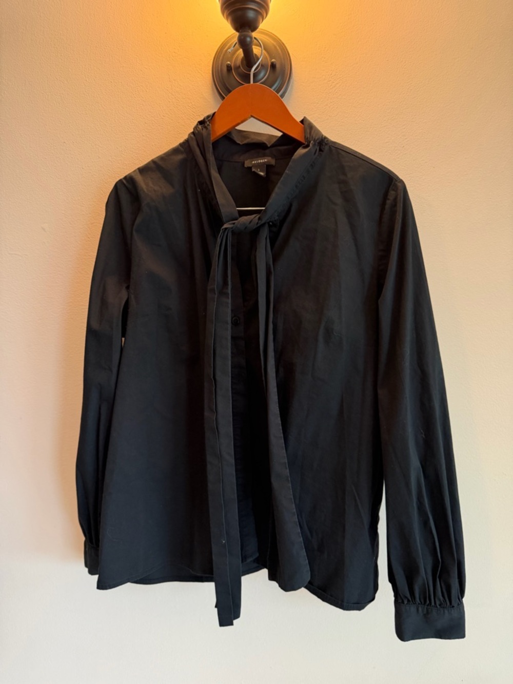 Halogen Womens Tie Neck Long Sleeve Button Down Blouse Black Solid Size 1